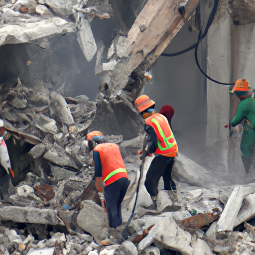 תמונה שבה נראה צוות עובדים לובשים ציוד בטיחות בזמן הפעלת מסור בטון באתר הריסה.